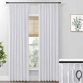 SHINELAND Black Out 108 Inch Curtains Long for Track System,Blackout Cozy Greyish White Linen Pinch Pleated Ceiling Curtain with Hooks Rings 2 Panels Set