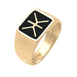 Kuzzoi 0602521521 Men's Signet Ring, Solid Ring (14 mm) for Men in 925 Sterling Silver Gold-Plated, Elegant Enamel Logo, Black, Golden Ring for Men in Ring Size 60 - 66, Sterling Silver