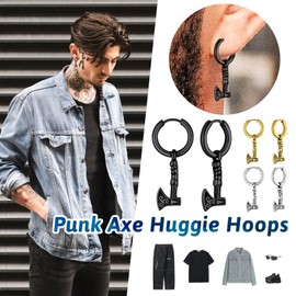 Black Hoop Earrings for Men, Norse Battle Axes Danling Drop Earring, Stainless Steel Viking Earring Hoops No Green Ears