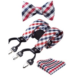 HISDERN Check Stripe 6 Clips Suspenders & Bow Tie and Pocket Square Set Y Shape Adjustable Braces,Red & White,One Size