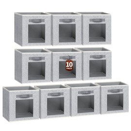 Homsorout Foldable Storage Cubes - Cubby Storage Organizer with Window, Decorative Baskets for Organizing, 11 Inch Fabric Cube Shelf Bins, Set of 10, Light Gray