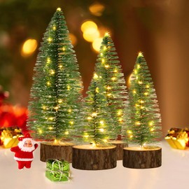 4 Pcs Mini Christmas Trees, 4 Sizes Artificial Christmas Bottle Brush Trees with String Lights Button Cell Battery Powered Tabletop Tree Decoration (Warm White)
