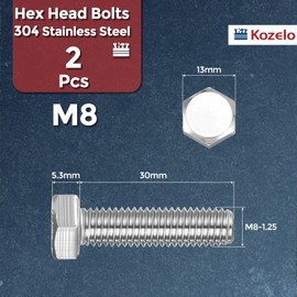 Kozelo 2 Pcs Hex Head Screws Bolts - [M8-1.25x30] 304 Stainless Grade A2-70 Steel Hex Bolt Fully Threaded Hex Tap Metric Hexagon Head Machine Bolts Left Hand External Hex Drive, Silver