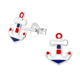 Laimons Women's Anchor Stud Earrings 10 mm Maritime Design White Blue Red 925 Sterling Silver, Sterling Silver, No Gemstone