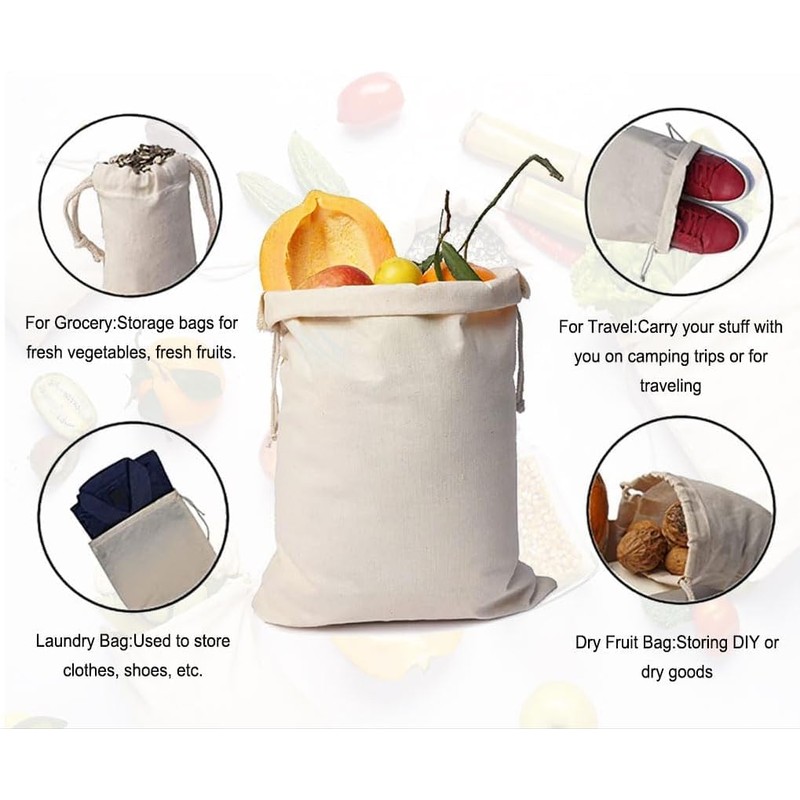 Vivva 10PCS Cotton Drawstring Bags,Reusable Muslin Storage Bags with Drawstrings,Canvas