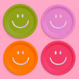 xo, Fetti - Platos de papel para cara sonriente – Paquete de 25 unidades, 9 pulgadas, suministros para fiesta de cumpleaños, decoraciones de despedida de soltera, fiesta de cumpleaños Groovy y2k,