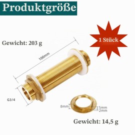 Brass Bulkhead Fitting G3/4 Hose Fitting, Solid Brass Bulkhead Fitting, 100 mm, Brass Thread Connection Adapter with 2 Rubber Seals, for Pipes, Fittings, Water Tanks, Aquarium