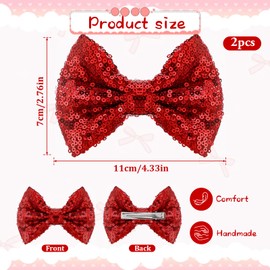2 PCS Red Glitter Bows, 4.33 in Embroidered Sequin Hair Bow Bling Hair Accessories Hairs Bows for Women Girls Kids Teens Valentines Christmas Birthday Gift Party Dress