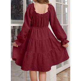 blibean Girls Long Sleeve Ruffle Dresses Tween Fall Cotton Boho Tiered Square Neck Dress Big Kid Semi Formal Solid Fancy Party Clothes Dance Vestidos Niñas Size 14-16 Year Old Burgundy Red