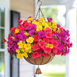 Dolicer Look Real Artificial Hanging Flowers for Outdoors, Realistic Artificial Flowers for Outdoors with Basket UV Resistant Fake Hanging Flowers Plants for Outdoor Porch Deck Patio Balcony Garden