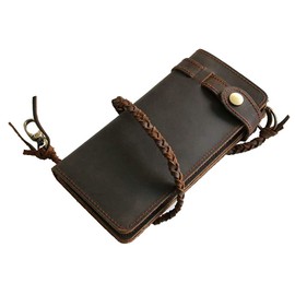 AMgrocery Men's Genuine Leather Long Wallet with Chain, Holds Many Cards, Vintage Style, Large Capacity, dark brown
