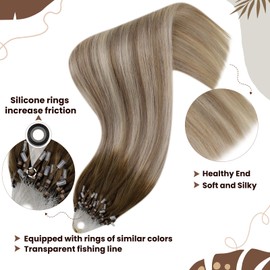 Hetto Microring Real Hair Extensions, Balayage Micro Extensions, Remy Real Hair Dark Brown to Light Brown with Medium Blonde Micro Extensions, Real Hair Cold Fusion 50 g 3/8/22 50 cm