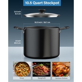 Cook N Home Nonstick Stockpot with Lid 10.5-Qt, Deep Cooking Pot Cookware Canning Stock Pot with Glass Lid, Black