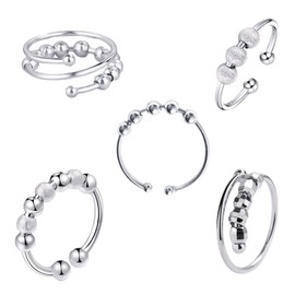 Pack of 5 Anxiety Ring, Fidget Ring, Silver, Anti-Stress Ring, Adjustable Stress Ring, Rotating Beads, Decompression Ring Suitable for Fingers of Different Sizes (5 Styles)