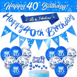 40th Birthday Decorations Set,17 Pieces Birthday Party Decoration Include Blue Happy 40th Birthday Banner,Triangle Flag Banner,Confetti Latex Balloons for Men Birthday Party Decorations Supplies