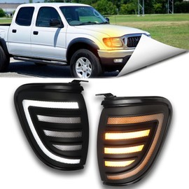 BINQIGOO LED Front Headlight Side Marker Lights for Toyota Tacoma 2001 2002 2003 2004 | Amber Sequential Turn Signal, White DRL & Fog Light | OEM 8161004090B0, 8162004090B0 Replacement