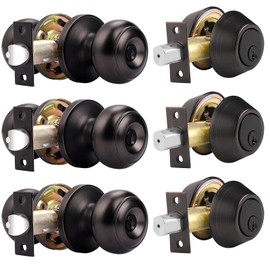 Probrico Entry Door Knob and Double Cylinder Deadbolt Lock Set, Oil Rubbed Bronze Exterior Door Handle with Lock and Keys,Reversible for Left and Right Handed Door, Keyed Alike(3Pack)