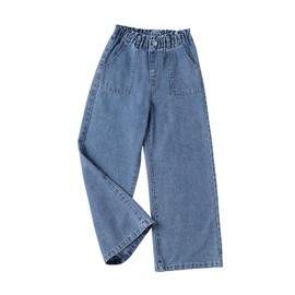OYOANGLE Girl's Wide Leg Denim Jeans Elastic Waist Button Front Baggy Pants with Pockets Blue 9 Years