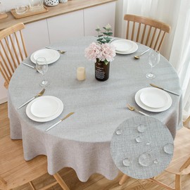 SPRICA Round Tablecloth 63inch Diameter Water Resistance Linen Texture Spill Proof Wipeable Table Cover Solid Colour Circle Cover, Light Grey