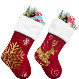 SupMLC Medias de Navidad, 2 medias de Navidad de 18 pulgadas, arpillera con medias de felpa grandes, para decoraciones de fiestas de Navidad familiares (ciervo rojo y dorado)