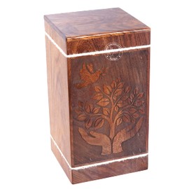HIND HANDICRAFTS Praying Hand Wooden Urns for Human Ashes Adult Large - Tree of Life Cremation Urn for Ashes -Burial Urn for Columbarium - Funeral Urn Box (250 LB - Rosewood, Dove-2)