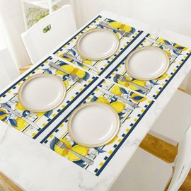 Yellow Lemon Placemat Set of 4, 12x18 Inch Seasonal Summer Watercolor Floral Fruit Bee Spring Rustic Coffee Table Mats for Indoor Outdoor Party Kitchen Dining Farmhouse Table Decoration
