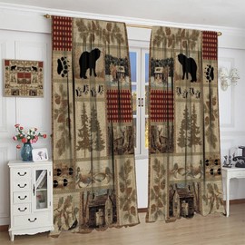 NO Retro Cabin Vintage Animal Moose Deer Bear Country Style Curtain Valentine's Day Thermal Curtains Drapes Window Blackout Curtains for Bedroom 2 Panels Set 52x84in