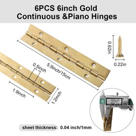 6 Inch Gold Stainless Steel Piano Hinges, 6 Pcs Continuous & Piano Hinge with Holes, Heavy Duty Piano Hinge 0.04" Leaf Thickness, 1.2'' Open Width for Furniture Cabinet Door Wooden Box Woodworking