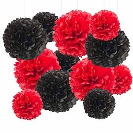 Black and Red Tissue Paper Pom Poms Hanging Tissue Flowers Poms Decorations Pack of 12 for Wedding, Birthday,Party Backdrop Decor ect. (12", 10",Tissue Paper Flowers)