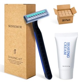 Kits de afeitado desechables a granel, 50 maquinillas de afeitar en caja individual y set de crema de afeitar de 12 g, artículos de aseo de tamaño via
