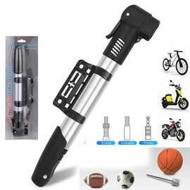 Mini Bike Pump Classic -Portable Compact Bicycle Pump,Air Ball Pump Inflator with Ball Pump Needles, Fits Presta & Schrader Valves - Small, Portable and Compact Hand Frame-Mounted Pump (Silver)