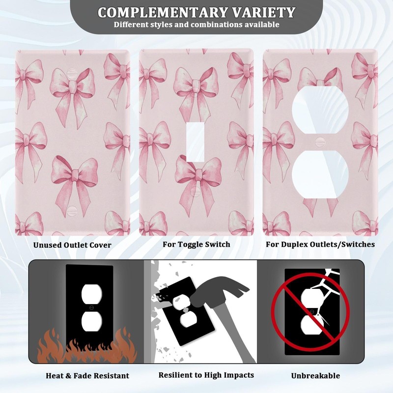 KJIZMO Duplex Outlets Wall Plate Cover, Unbreakable Pink Bows (1)