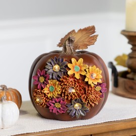 Northlight 7.5" Brown Solar Powered Floral Pumpkin Outdoor Decoration