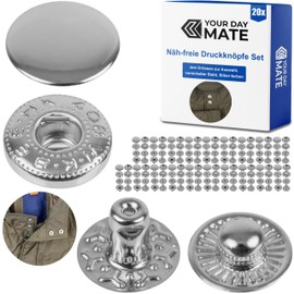 Sew-Free Press Studs, Diameter 15 mm, 20 Pairs, in Silver, Set without Tools, Fabric Clips for DIY, Press Stud with Ring Spring Closure, Repair Metal Buttons, Replacement Button Sewing Accessories,