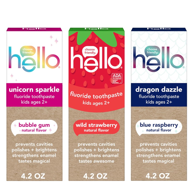 Hello Kids Fluoride Variety Pack, Includes a Strawberry, Unicorn Bubble
