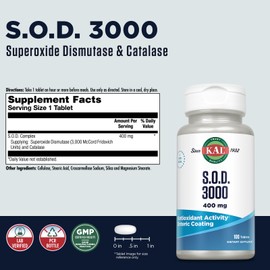 KAL S.O.D. 3000 Antioxidant Supplement 400mg, Superoxide Dismutase (SOD), Beef Liver Source, Super Antioxidant Support, Enteric Coated for Maximum Assimilation, 60-Day Guarantee, 100 Serv, 100 Tablets