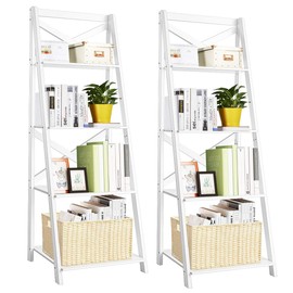Tangkula 4-Tier Ladder Shelf Bookcase Leaning Free Standing Wooden Frame Decor Bookshelf Storage Flower Shelf Plant Display Shelf for Home Office (White, 2)