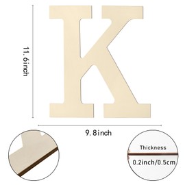 Wooden Letters 12 Inch K, 1/5 Inch Thick Large Wooden Letters for Wall Decor Unfinished Big Wood Letters for Crafts DIY Home Birthday Wedding Party Decorations