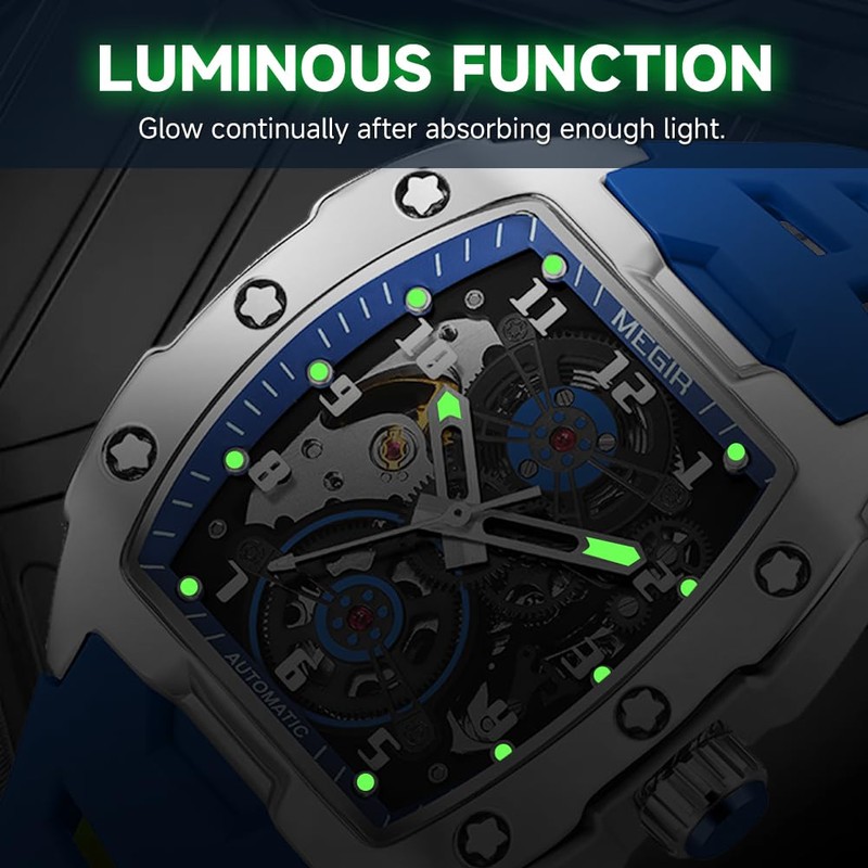 MEGIR Automatic Mechanical Men Watch, Silicone Band, 43x50mm Alloy Case,