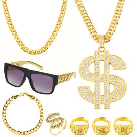8 Piece Costume Set, 80/90 Years Hip Hop Dressing, Rapper Costume, Metal Gold-Plated Large Gold Chain, Chinese Sign Ring, Suitable for Dollar Symbol Ring for Carnival Fancy Dress Theme Party