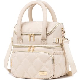 Weitars Lunch Bag for Women Men,Double Deck Lunch Box for Women,Quilted Lunch Tote for Work,Insulated Lunch Cooler Leakproof Lunchbox for Adult with Shoulder Strap &Pockets for Picnic Hiking (Beige)