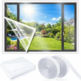 Beeveer 63 Inch X 20 ft Window Insulation Kit Cuttable Transparent Film with Adhesive Straps Reusable Window Plastic for Winterizing Thicken Thermal Waterproof Attic Insulation Cover Warm Winter