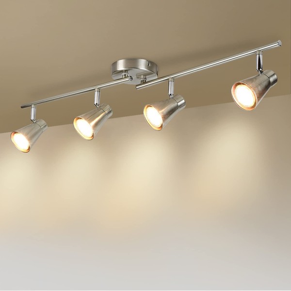 DLLT 4-Light Led Track Lighting Kit, Flush Mount Spotlight Ceiling, Directional Ceiling Light for Kitchen, Dining Room, Bedroom, Office, Brushed Nickel, GU10 Bulbs Included