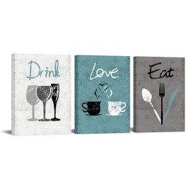 FuShvre Teal Kitchen Decor and Accessories for Wall Fork Knife Spoon Dining Room Painting Wall Art Canvas Eat Drink Love Picture Gift for Chef Her Framed