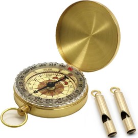 Classic Pocket Style Copper Clamshell Compass with 2 Brass Outdoor Whistles, Glow in The Dark Military Compass Survival Gear Compass for Camping Hiking Climbing Skiing Hunting and Outdoor Activities