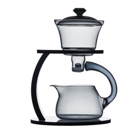 MOZEO Glass Teapot Set Semi Automatic Drip Rotating with Infuser Lazy Kungfu Tea pot Set Heat Resistant Tea Set (Grey)