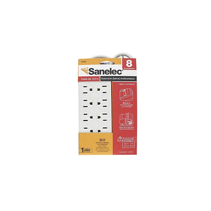 SANELEC, Extensión, Barra Multicontacto, 8 Entradas, Cable de 90 cm,