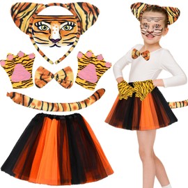 Cheloveer Tiger Costume Children, 7 Piece Costume Women, Tiger Costume Animal Costume Children, Bow Tie Headband Tiger Tattoo Tutu Skirt Tail and Gloves Tiger Costume Adult for Carnival Tiger Costume
