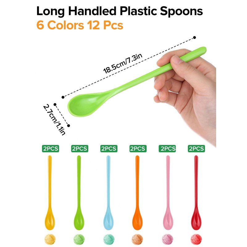 Ferenando 12 Pcs Coloured Long Plastic Spoons 18.5cm with 6