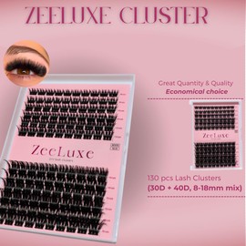 ZeeLuxe DIY Lash Cluster Kit Lash Extension Kit - Beginner Friendly 130pcs 8-18mm D Curl Volume Wispy Lashes Thick Eyelash Extension, Wide Band, Bond and Seal, Tweezers (Lash Cluster Tray)